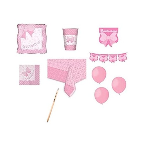 Kit festa battesimo per 8 invitati, tema fiocco rosa, con accessori