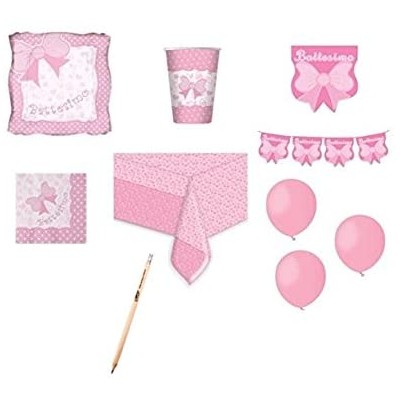 Kit festa battesimo per 8 invitati, tema fiocco rosa, con accessori