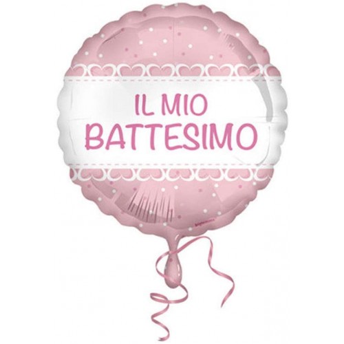 Palloncino foil battesimo rosa da 42 cm, con cuoricini, per feste