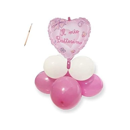 Composizione palloncini Fiocco cuore Battesimo rosa, per feste
