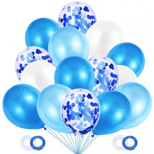 Set da 60 Palloncini azzurri, bianchi e con coriandoli, da 12 pollici, 30 cm