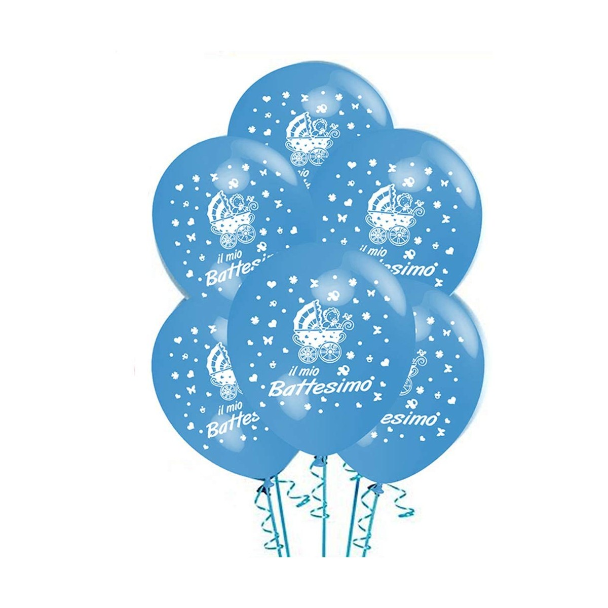 Set da 20 palloncini azzurri Battesimo tema carrozzina, per feste, in lattice