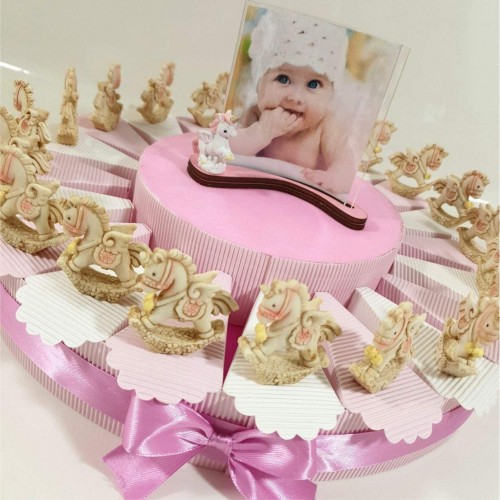Torta bomboniere unicorno rosa, 21 fette con confetti, per battesimo o nascita