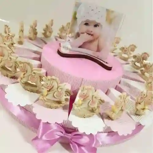 Torta bomboniere unicorno rosa, 21 fette con confetti, per battesimo o nascita