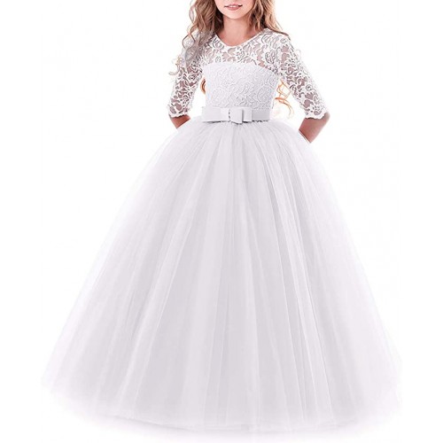 Vestito elegante bianco da cerimonia per bambina, con pizzo floreale