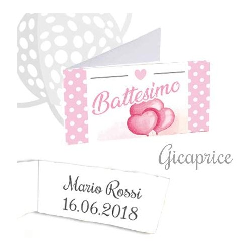 Conf. da 50 Bigliettini con stampe cuori battesimo rosa