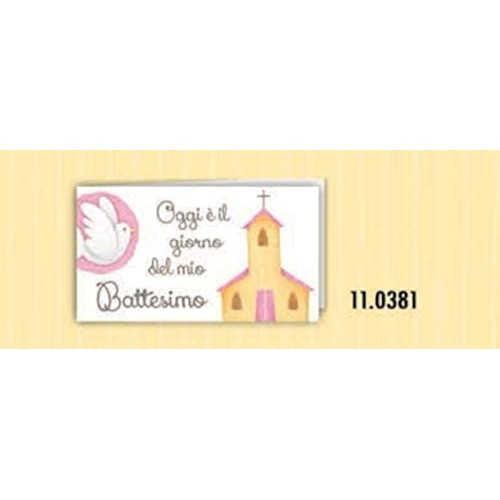 Kit da 100 Bigliettini rosa con chiesa per bomboniere Battesimo