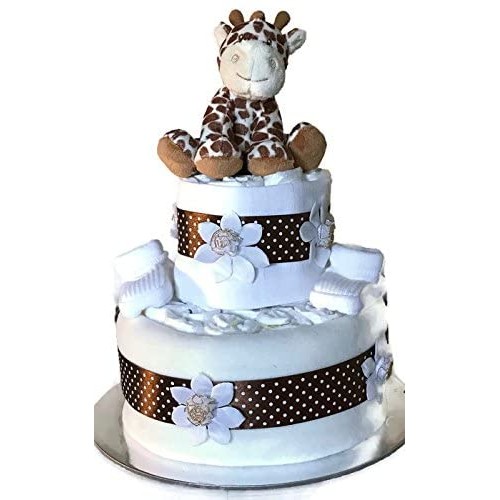 Torta di pannolini con giraffa, idea regalo per neonati, due ripiani