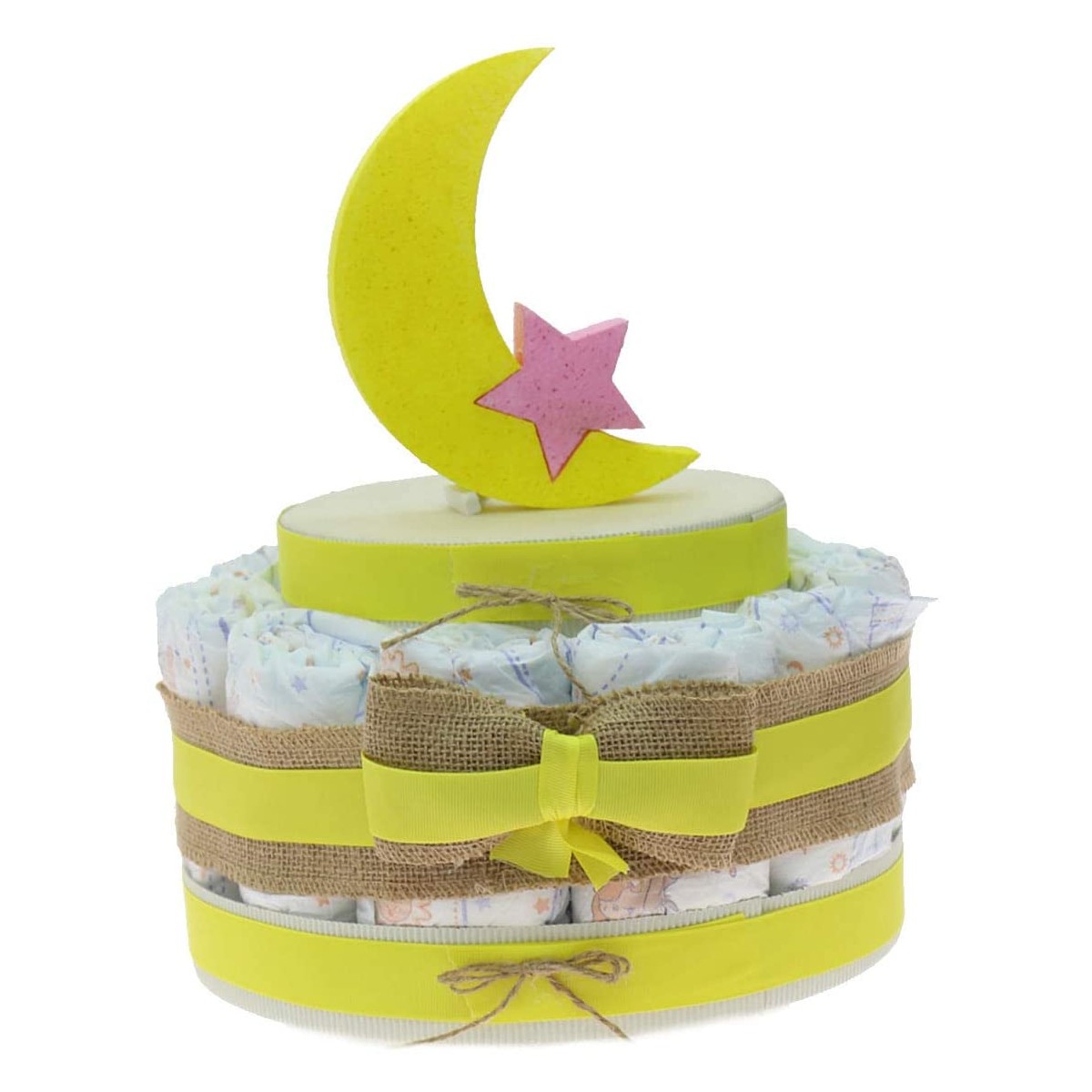 Torta con 15 pannolini tema luna, idea regalo nascita