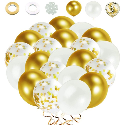 Kit con 60 palloncini dorati, bianchi e con coriandoli, per la Cresima