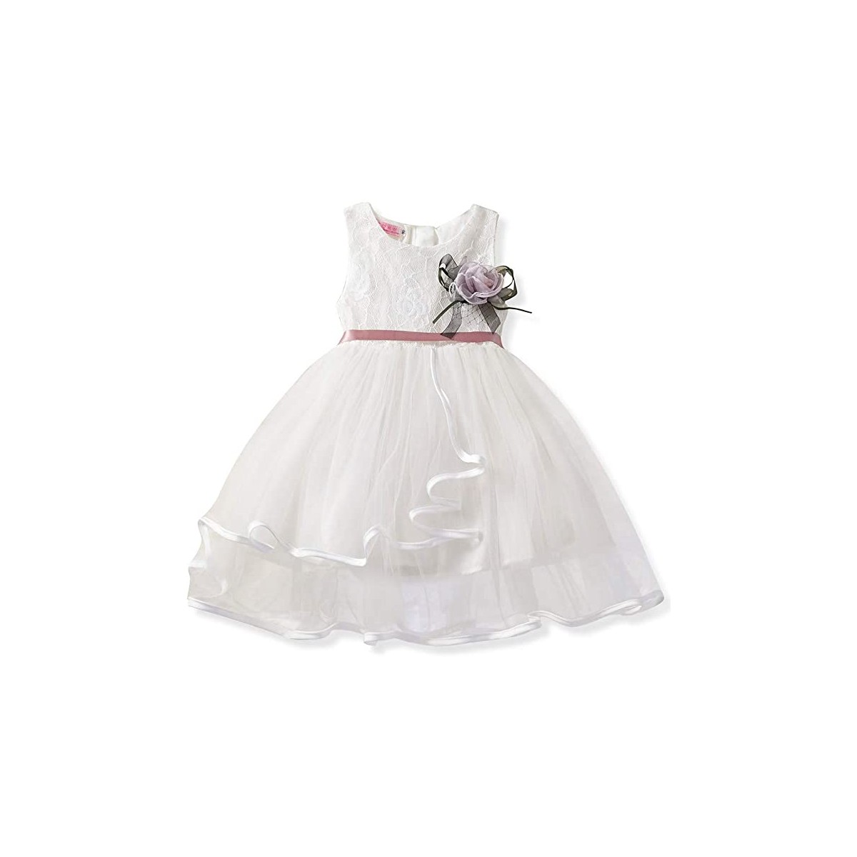 Vestito bianco con decorazioni fiori, con tulle e pizzo, per bambine
