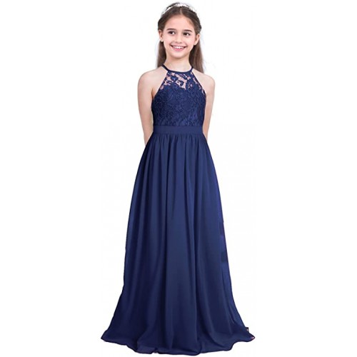 Vestito bambina elegante lungo, senza maniche, con pizzo, blu Royal