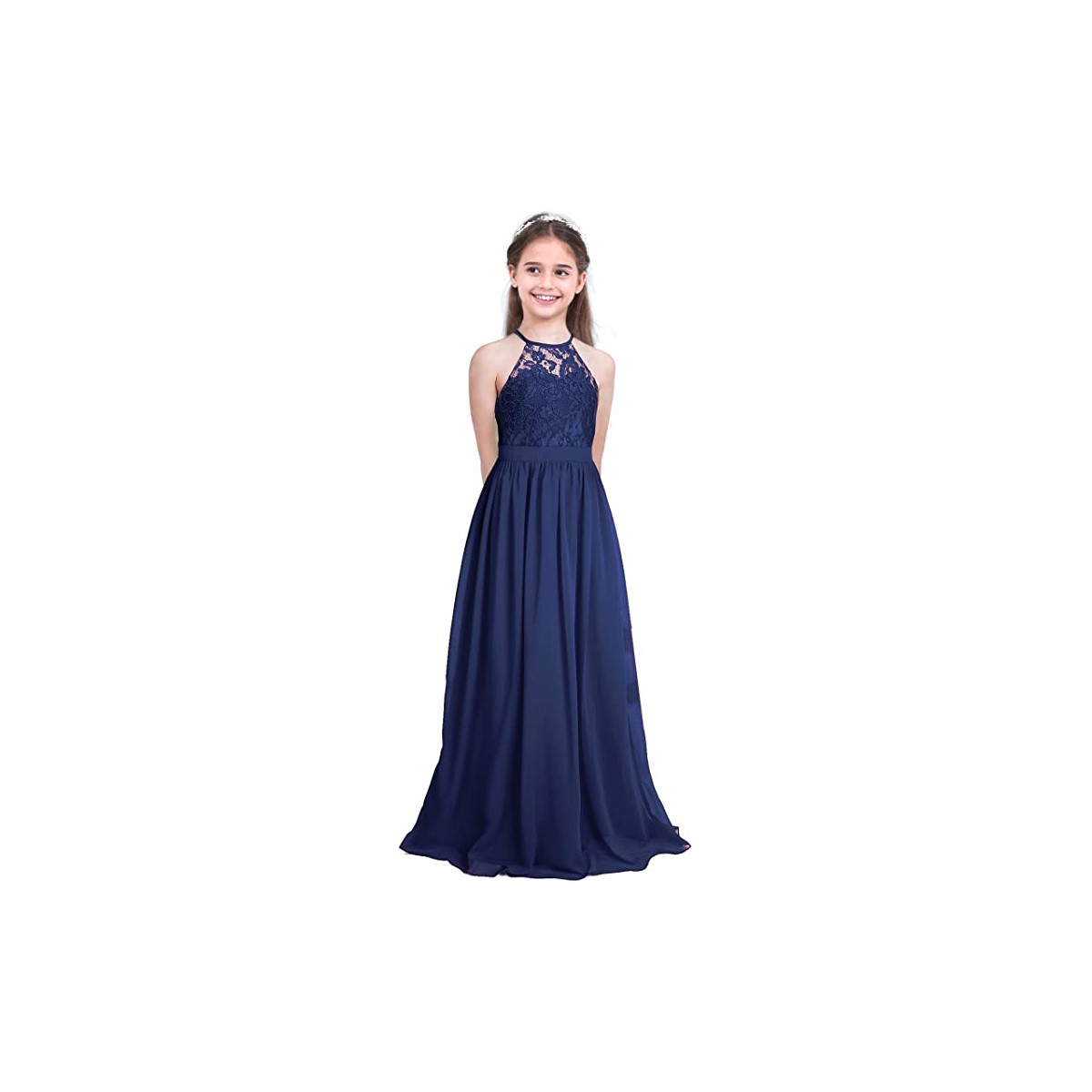 Vestito bambina elegante lungo, senza maniche, con pizzo, blu Royal