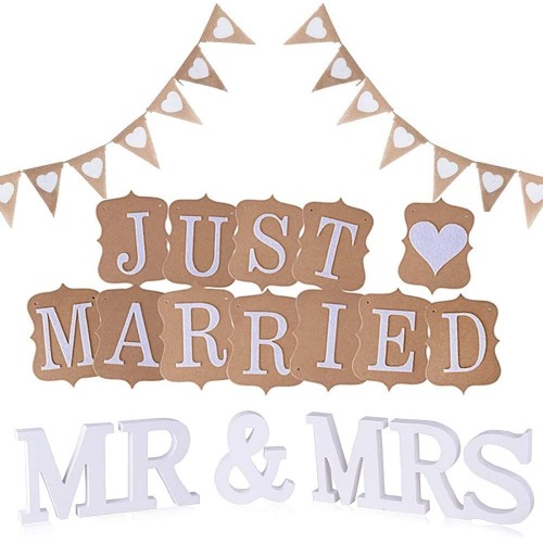 Set con Striscione Matrimonio e lettere Mr e Mrs in legno, accessori decorativi