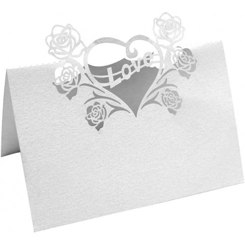 Set da 50 segnaposto motivo cuore, in cartoncino bianco, per matrimonio