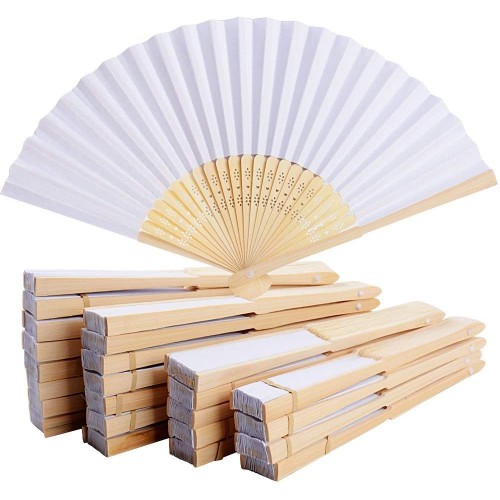 Set da 100 ventagli pieghevoli bianchi in bambù, eleganti, gadget