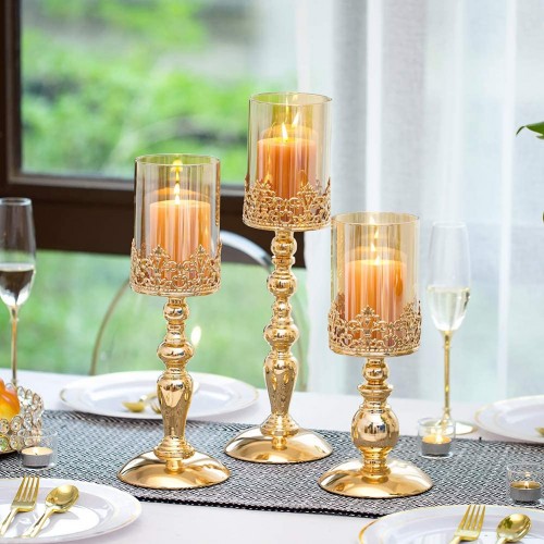 Set da 3 Portacandele in vetro con decori oro, per matrimonio