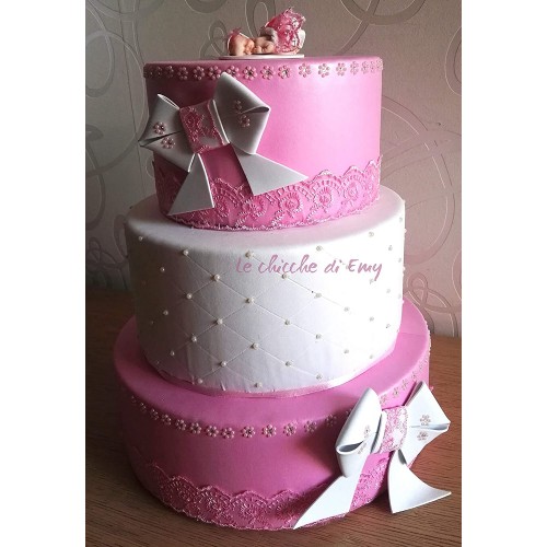 Torta finta compleanno, doppio fiocco, rosa, 3 piani