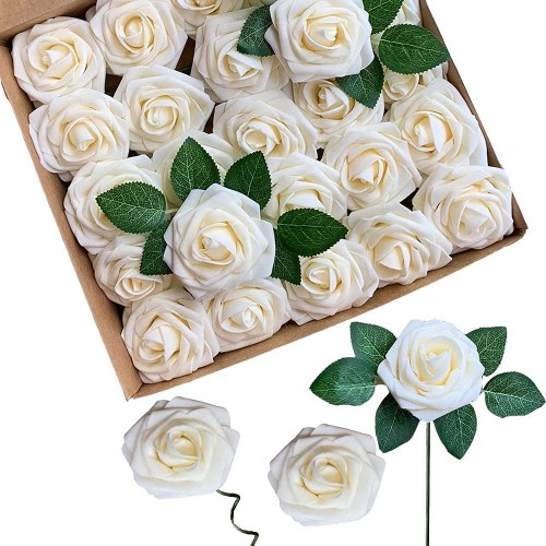 set da 25 rose bianche artificiali con gambi regolabili, addobbi