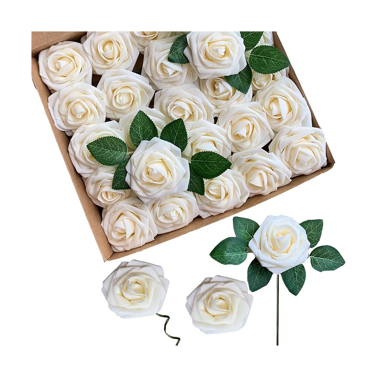 set da 25 rose bianche artificiali con gambi regolabili, addobbi