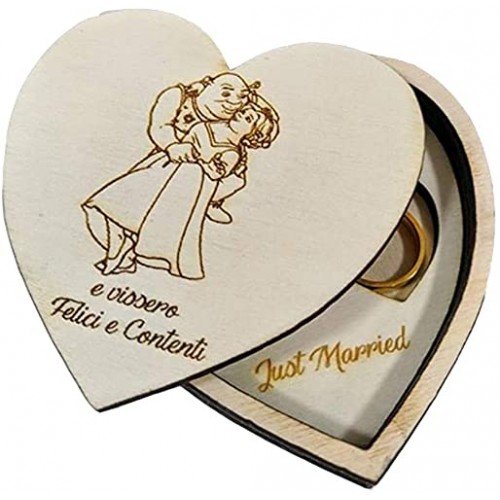 Portafedi in legno forma cuore con Shrek e Fiona, per matrimonio