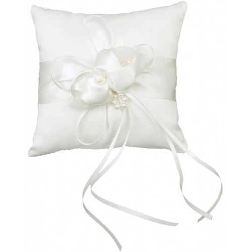 Cuscino bianco portafedi con boccoli in raso e perle finte