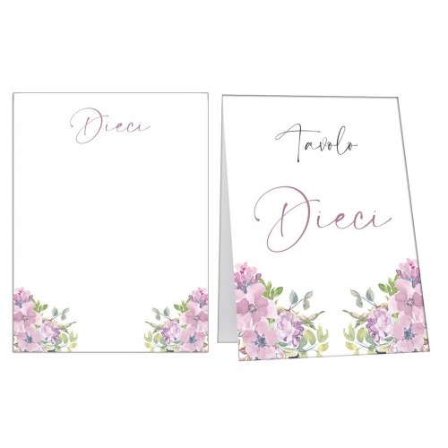 Tableau de mariage tema fiori lilla e malva, con cartoline e cavalletto