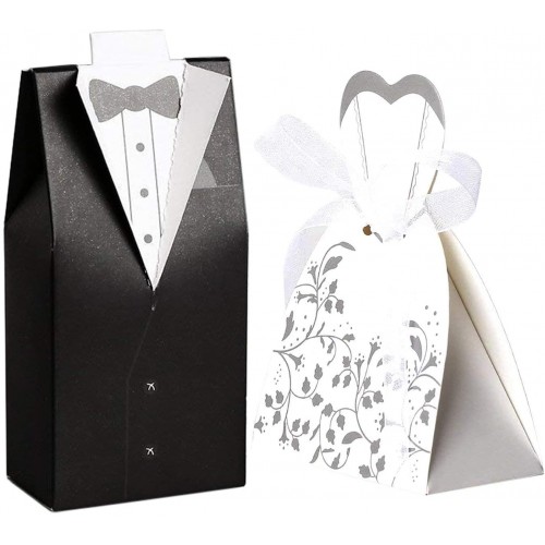 Set da 100 scatoline forma sposo / sposa, portaconfetti