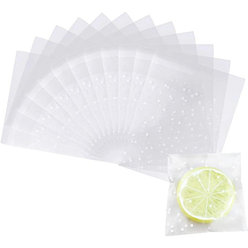 Set da 200 sacchetti trasparenti con pois bianchi, per confetti o caramelle