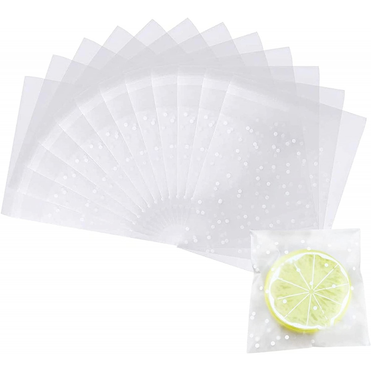 Set da 200 sacchetti trasparenti con pois bianchi, per confetti o