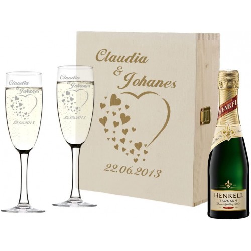 Set di 2 calici con bottiglia di champagne e cofanetto regalo personalizzato
