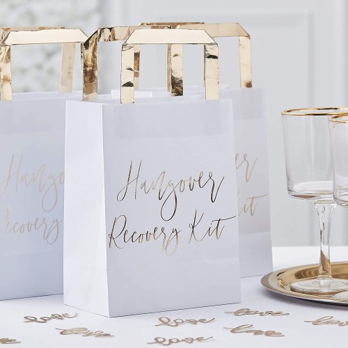 Set da 5 wedding bag con scritta oro, shopper bianche in cartoncino