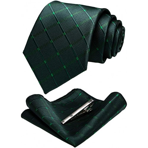 Set Cravatta Uomo scacchi verde scuro, con fazzoletto e fermacravatta