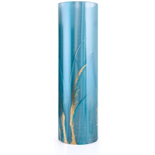 Vaso in vetro cilindrico, turchese, decorato a mano