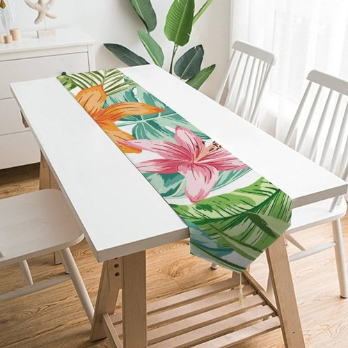Runner da tavolo con foglie tropicali e fiori botanici da 33 x 178 cm