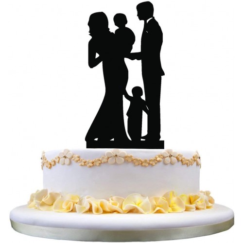 Silhouette Sposa e sposo con due bambini, family cake topper