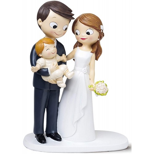 Statuetta sposi con bebé in poliresina, cake topper wedding