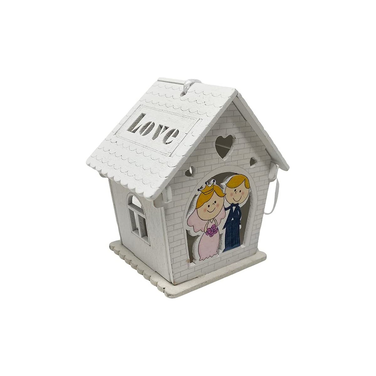 Bomboniera in Legno forma casetta con sposi abbracciati, lanterna