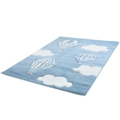 Tappeto per bambini di alta qualità Bueno, con palloncino ad aria calda, nuvole in blu/bianco con taglio sul contorno, filato