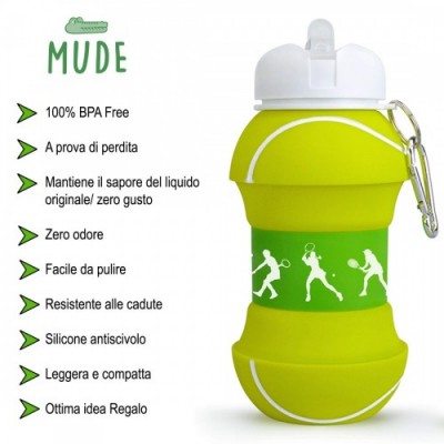 Mude-Borraccia Tennis-550 millilitri-Divertente e Indistruttibile, In Silicone Apribile e Richiudibile, Antigoccia-Senza BPA-