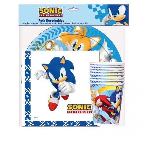 ALMACENESADAN 0494, Sonic Pack monouso per Feste e Compleanni. 8 Piatti 23 cm, 8 Bicchieri, 20 tovaglioli
