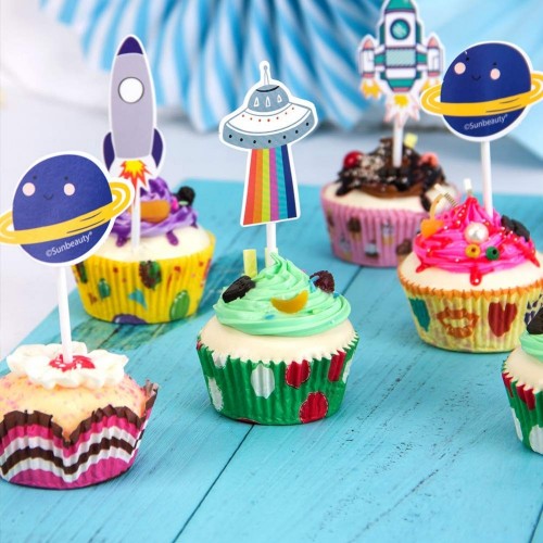 MagiDeal 8 Pezzi Topper Di Torta Cupcake Cake Alieni Razzo Stella Tema Universo Decorazioni Di Compleanno 